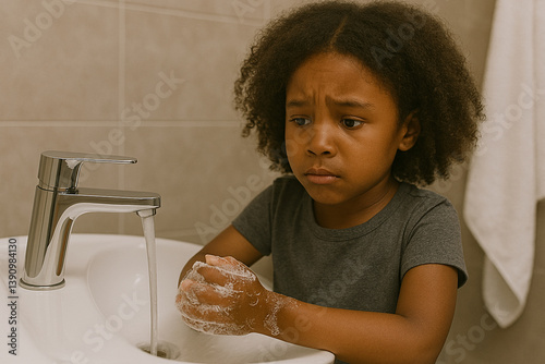 Child Obsessive-compulsive disorder (OCD) – A Young Girl Anxiously Washing Her Hands at the Sink