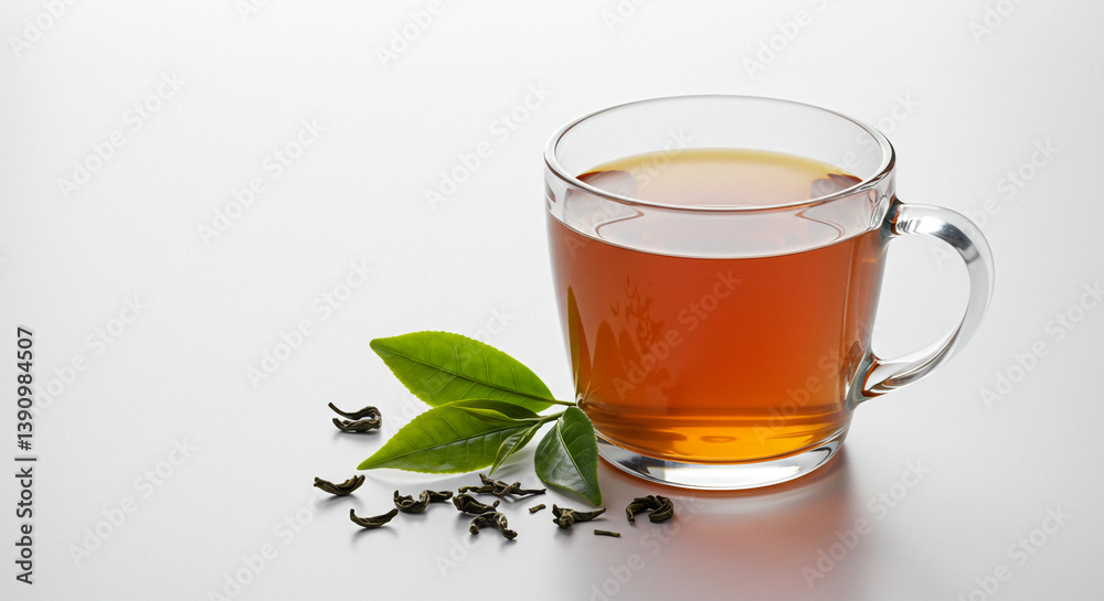 A warm cup of freshly brewed tea, a moment of tranquility and calm, with loose tea leaves and vibrant green leaves nearby in soft, bright light. A warm cup of freshly brewed tea, a moment of tranquility and calm, with loose tea leaves and vibrant green leaves nearby in soft, bright light.