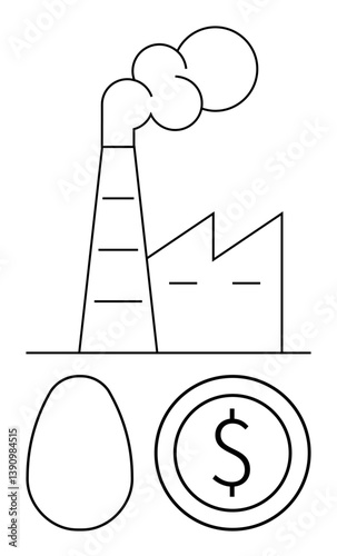 Factory structure emitting smoke, egg symbolizing raw materials or food, and coin indicating economy or profit. Ideal for economy, industry, production, sustainability, resources, agriculture