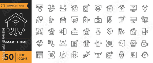 Smart Home outline icon set. Containing smart door lock, smart phone, smart lock, smart speakers, hand phone,  router, smart refrigerator, solar system, and more. Vector illustration