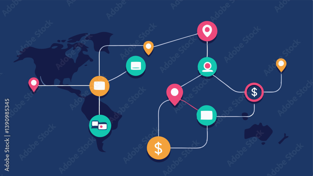Map with Routes and Markers A simplified map shows various locations with lines connecting them representing money pathways used in laundering operations.