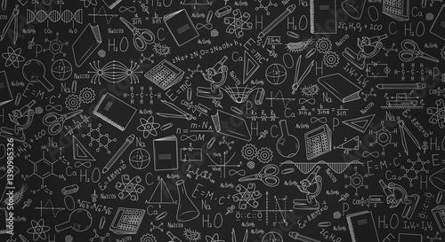 Drawn scientific formulas of lessons on the blackboard, physics, chemistry, geometry, biology. Back to school again. School background for design. School illustration. Scientific equipment drawn