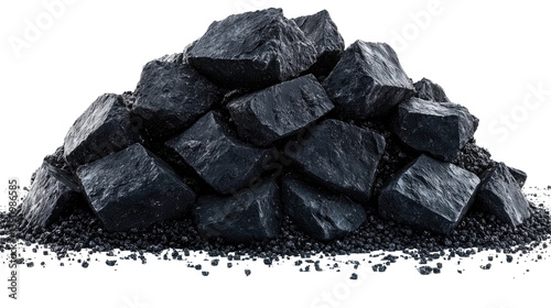 Coal and sugar cubes isolated on a white background with a closeup of brown sugar cubes stacked together