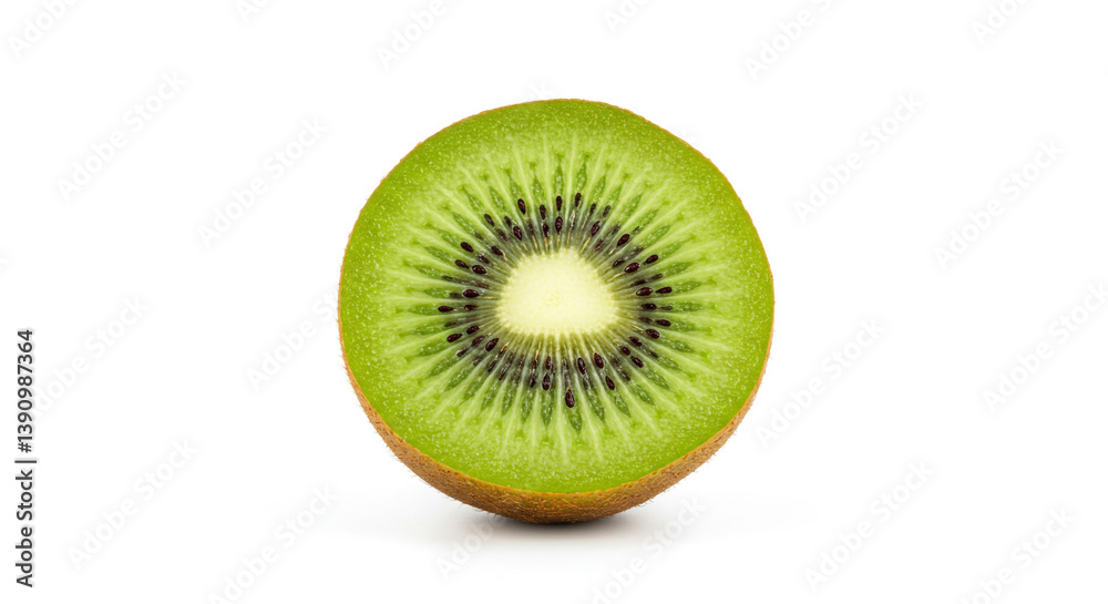 A vibrant half kiwi, showcasing its bright green flesh and tiny black seeds against a stark white background, a perfect symbol of freshness and healthy eating. A vibrant half kiwi, showcasing its bright green flesh and tiny black seeds against a stark white background, a perfect symbol of freshness and healthy eating.