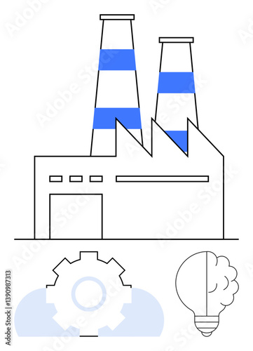 Industrial plant with two chimneys, gear below, and light bulb outline. Ideal for manufacturing, industry, innovation, energy, production business processes and creativity. Minimalist flat simple