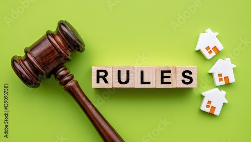 Blocks with the word Rules, a judge's gavel and miniature wooden houses. laws, regulations, and guidelines that govern the buying, selling, leasing, and managing of property. Flat lay