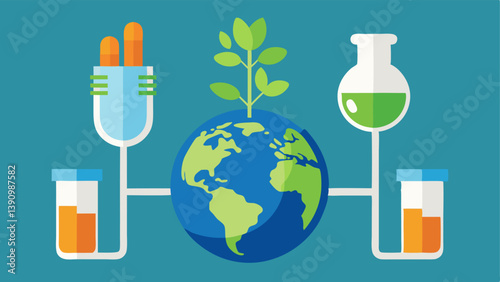 Earth and Lab An of the Earth with roots growing from it into a lab filled with test tubes and GMO crops symbolizing the connection between nature and biotechnology.
