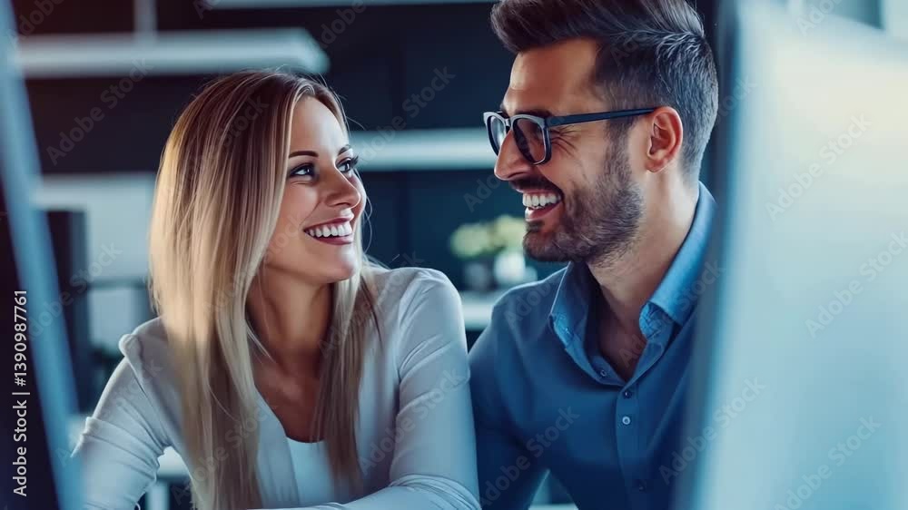 A woman blonde hair , man glasses, both smiling, are working together computer, showcasing collaborative , joyful work environment. Their positive interaction suggests harmonious team dynamic.