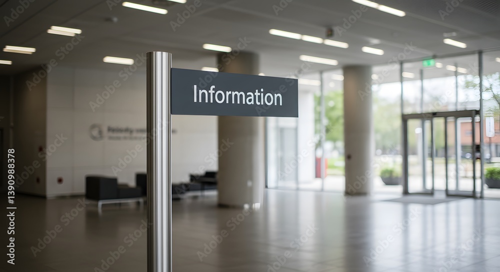Information sign in a modern lobby with automatic doors and seating in the background Information sign in a modern lobby with automatic doors and seating in the background