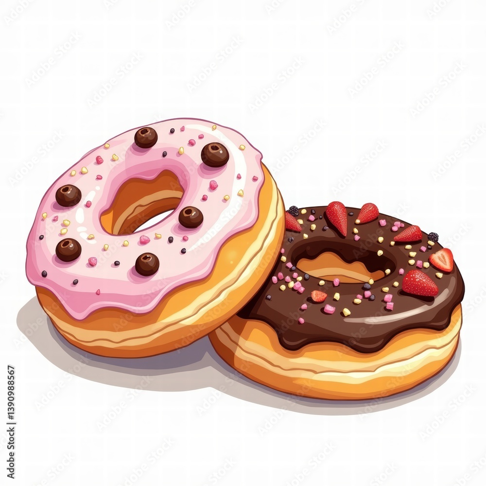 Deliciously illustrated donuts with pink and chocolate frosting, perfect for marketing campaigns, food blogs, or children's products. Capture the sweetness in every bite! Deliciously illustrated donuts with pink and chocolate frosting, perfect for marketing campaigns, food blogs, or children's products. Capture the sweetness in every bite!