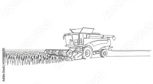 Minimalist line art: Combine harvester in wheat field, clean and elegant design