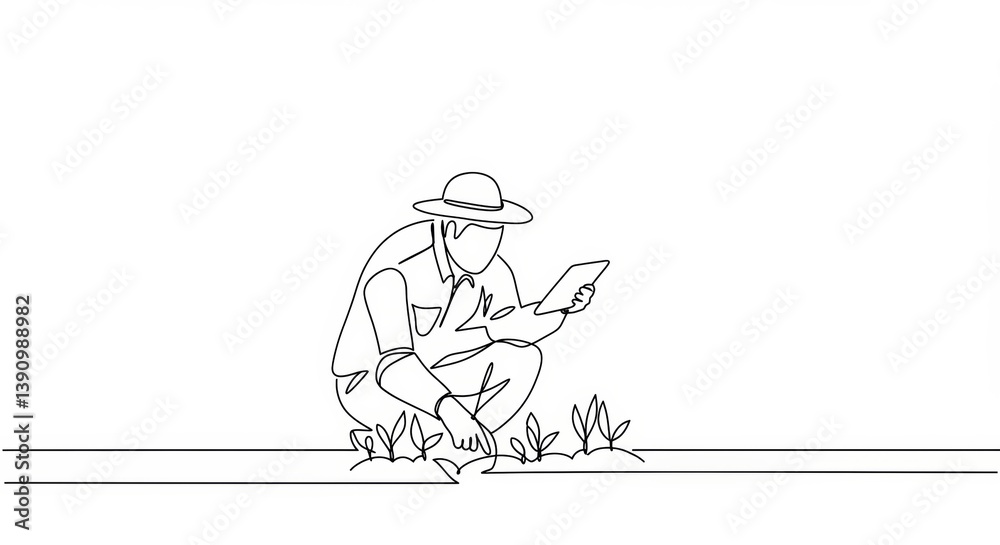 Obraz premium Minimalist line drawing: Farmer inspecting crops with tablet in field soil health