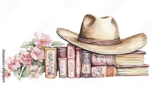 Fototapeta Naklejka Na Ścianę i Meble -  A cowboy hat rests on vintage books next to watercolor flowers