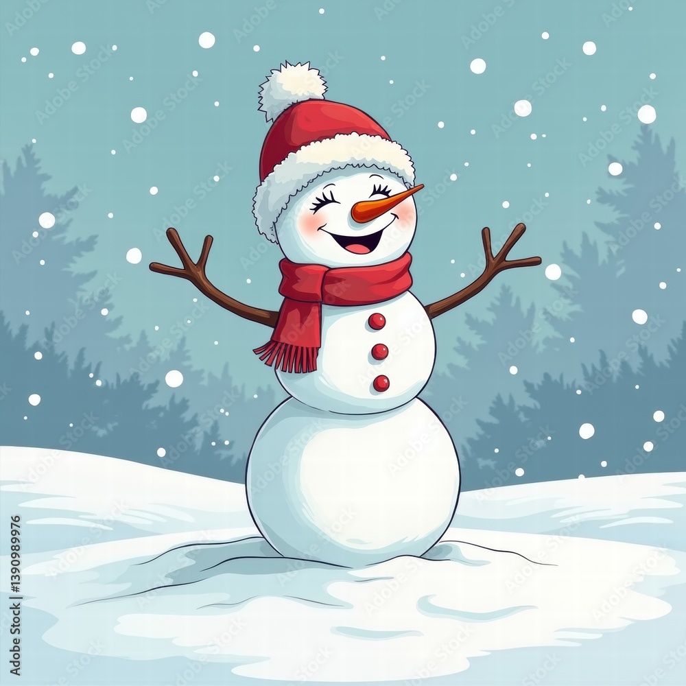 Cheerful cartoon snowman celebrating winter in a snowy landscape, perfect for holiday themes, greeting cards, and festive designs. Cheerful cartoon snowman celebrating winter in a snowy landscape, perfect for holiday themes, greeting cards, and festive designs.