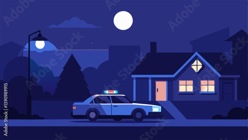 Night Scene A nighttime illustration of a police car illuminated by moonlight highlighting its flashing lights against a dark backdrop of a quiet suburban street.