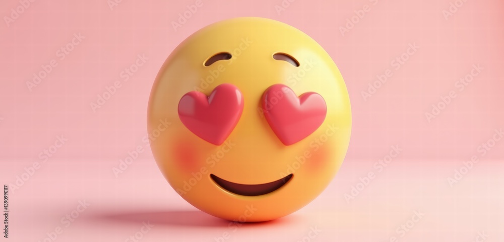 Fototapeta premium A cheerful emoji with heart-shaped eyes, perfect for expressing love and positivity in digital content, marketing, and social media.