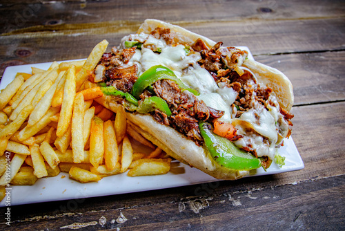 meat lover steak and cheese sandwich, served with a side of French fries and topped with melted cheese and grille peppers.