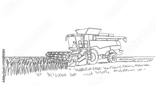 Elegant minimalist line art depicting combine harvester in wheat field landscape
