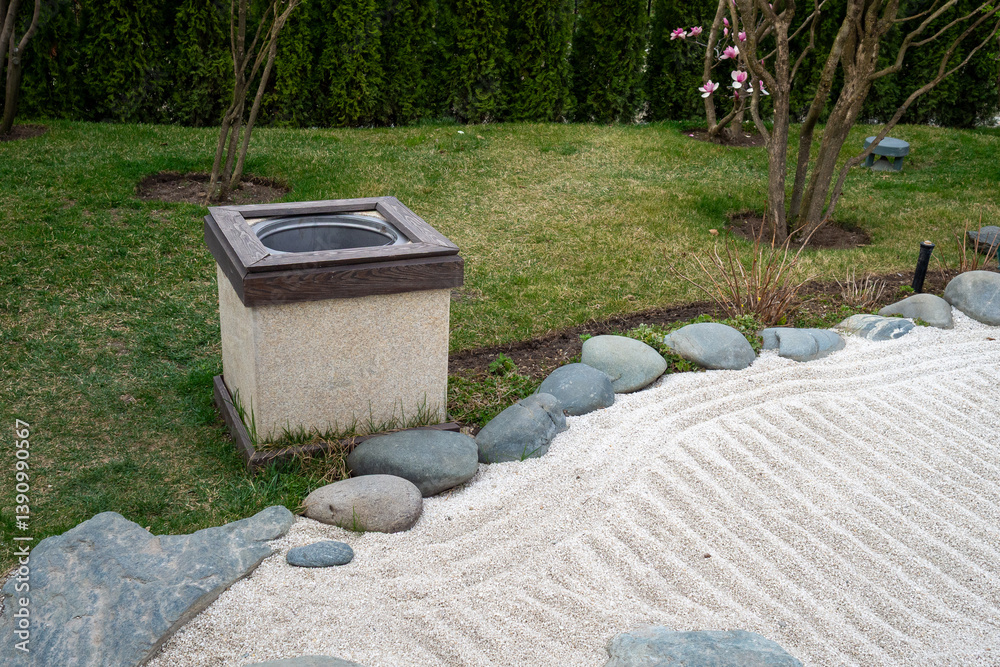 Trash Can in Japanese Rock Garden. Stone trash bin with dark wooden top placed in a Japanese-style rock garden. Blends with the landscape for discreet waste management. Trash Can in Japanese Rock Garden. Stone trash bin with dark wooden top placed in a Japanese-style rock garden. Blends with the landscape for discreet waste management.