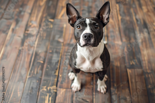 pet love bond, a bull terrier rested on a wooden floor, looking affectionately at its owner