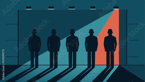 Police Lineup Room A narrow room with a long wall featuring six shadowy figures standing side by side labeled as Suspects. A bright light shines on the figures creating dramatic