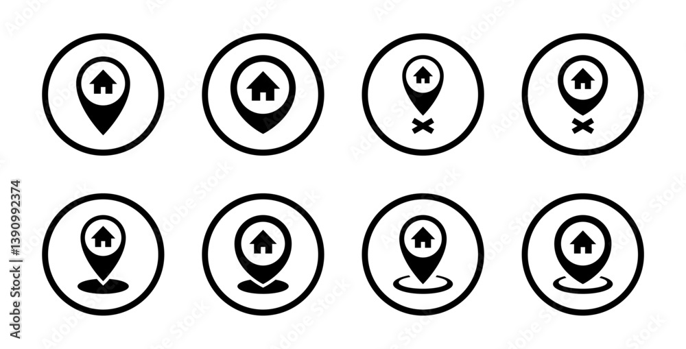 House location icon set collection on circle line. Map pointer with home, address sign symbol