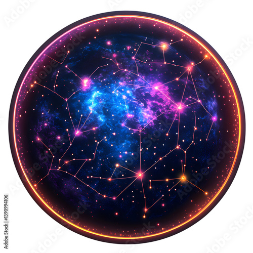 Neon Holographic Alien Planet Map with Constellation Isolated on Transparent Background