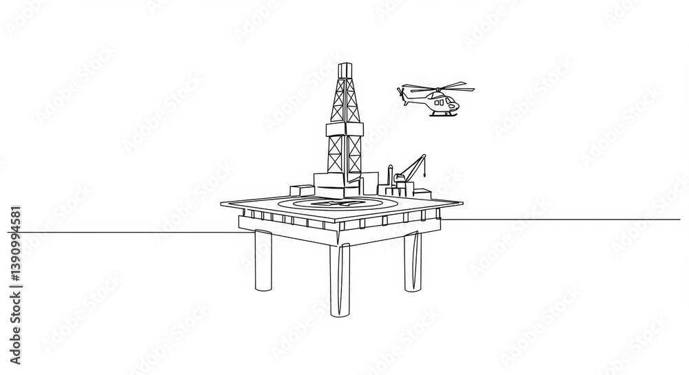 Obraz premium Single Line Art: Oil Rig Helipad with Helicopter in a Clean White Backdrop