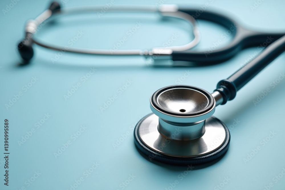 Stethoscope rests on blue clinic surface Stethoscope rests on blue clinic surface