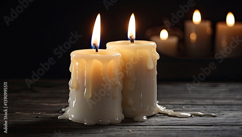 A lit candle with a bright orange flame sits atop a white surface