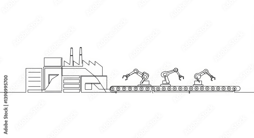 Naklejka premium Minimalist continuous line drawing of a fully automated factory scene on white