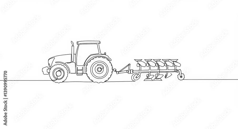 Minimalist single line art of tractor pulling plow on white background design Minimalist single line art of tractor pulling plow on white background design