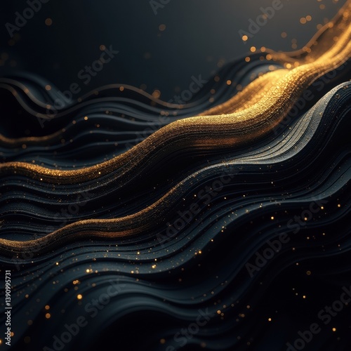 A captivating abstract design featuring flowing waves of gold and black, perfect for backgrounds, websites, and artistic projects.