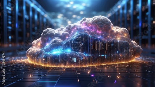 A digital illustration of a glowing cloud shape integrated with a network of fast-moving data streams