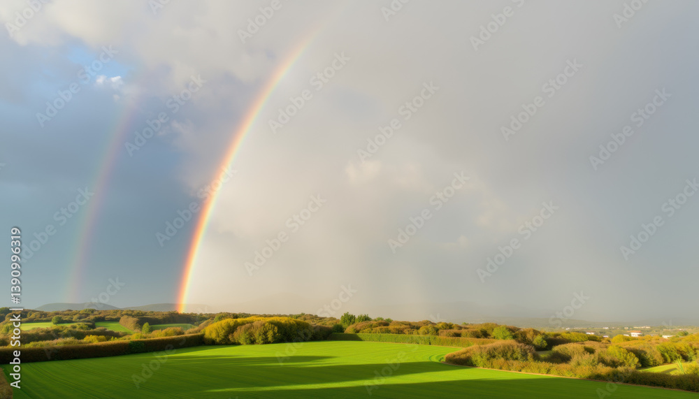 Colorful rainbow over lush green fields and distant hills Colorful rainbow over lush green fields and distant hills