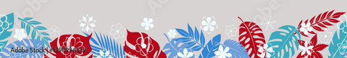 Horizontal seamless banner combines of stylized colored palm leaves and white flowers, arranged against a light backdrop.