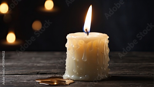 A lit candle with a bright orange flame sits atop a white surface