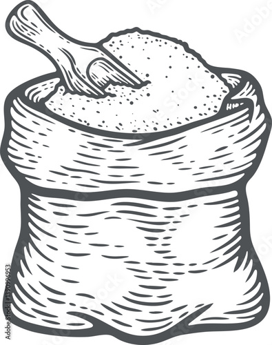 Sack with whole flour or sugar with scoop bakery shop burlap bag grains engraving hand drawn illustration black white isolated vintage line art sketch silhouette graphic style poster label web