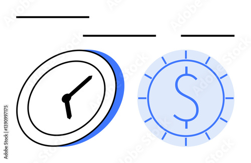 Clock representing time management beside coin symbolizing financial value and investment. Ideal for saving, productivity, time tracking, efficiency, budget, planning, goal setting. Flat simple