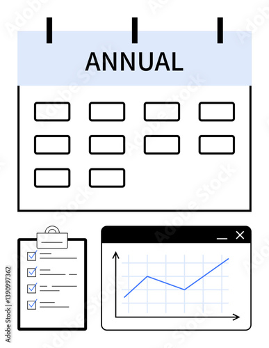 Annual calendar alongside a checklist and upward-trending graph represents strategic planning, tracking goals, analysis, productivity, time management, achievement focus. Ideal for planning