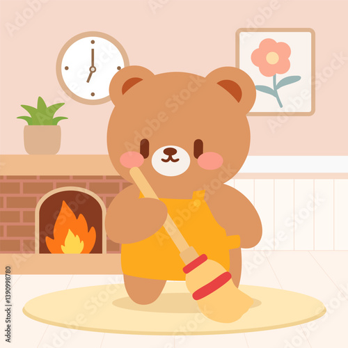 Adorable Teddy Bear Cleaning in Warm Interior Scene. A kawaii-style digital illustration of a cute brown bear in an orange apron sweeping a cozy room with a fireplace, wall art, and a plant.