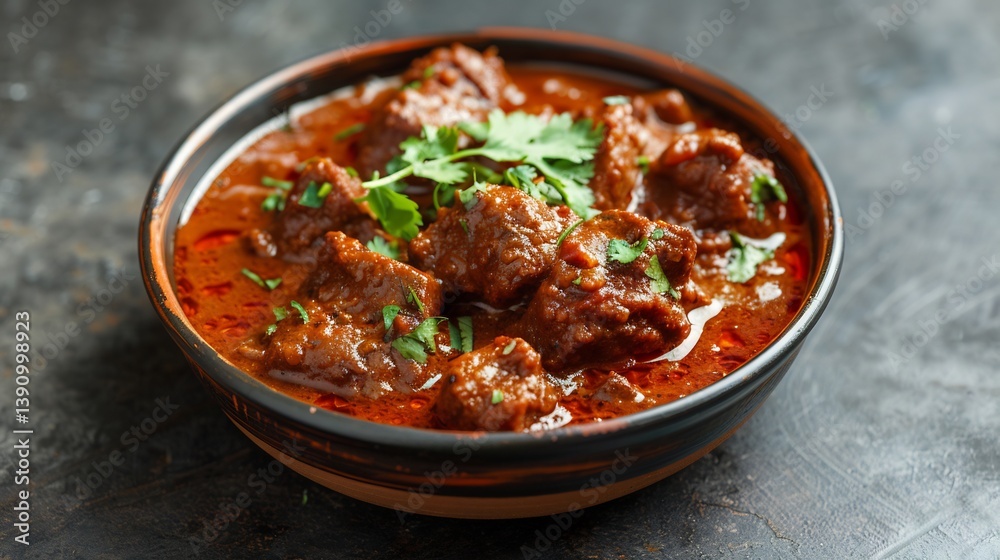 Bowl of flavorful vindaloo curry from India with a fiery red sauce and tender meat arranged in a vibrant high resolution traditional culinary photography style Bowl of flavorful vindaloo curry from India with a fiery red sauce and tender meat arranged in a vibrant high resolution traditional culinary photography style