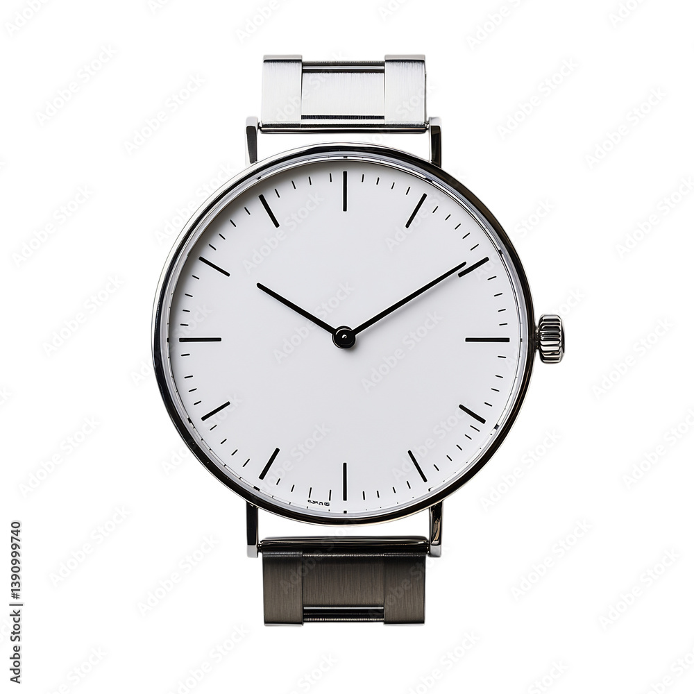 Simple Silver Minimalist Watch with White Band and Black Dial Isolated on Transparent Background