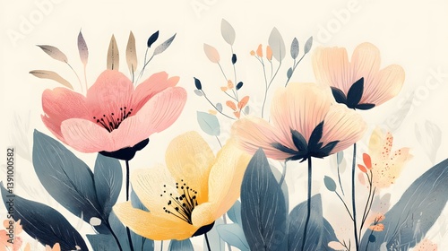 Watercolor painting of flowers in pink yellow and white with green leaves.