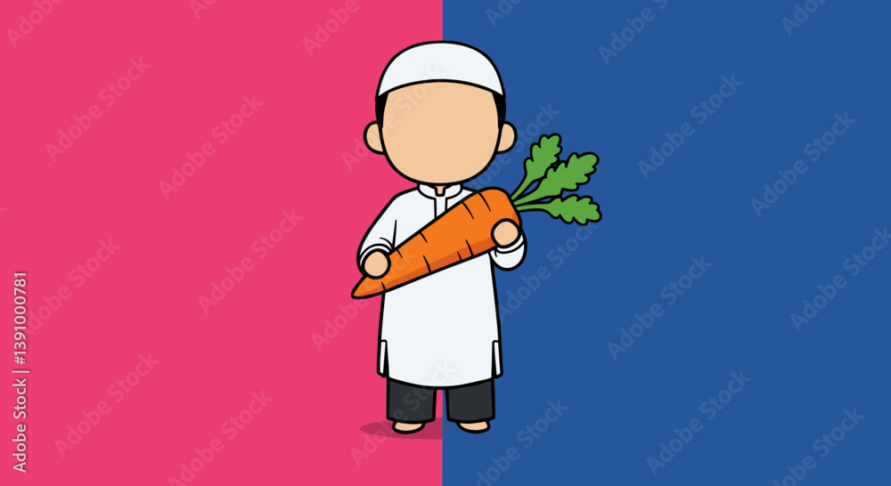 Obraz premium Moslem Boy Holding A Large Carrot In Vector Style Against Pink And Blue Background