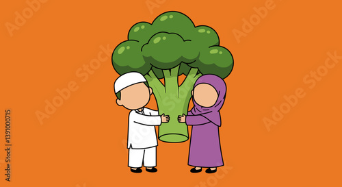 Illustration of a Muslim Couple Holding a Large Green Broccoli on an Orange Background