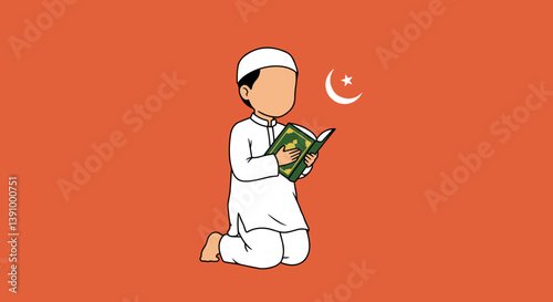 Kneeling Muslim Boy In White Traditional Outfit Reading Holy Quran Book On Orange Background With Crescent Moon And Star