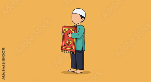 Moslem Boy Holding Prayer Mat in Pixel Art Style on Orange Background
