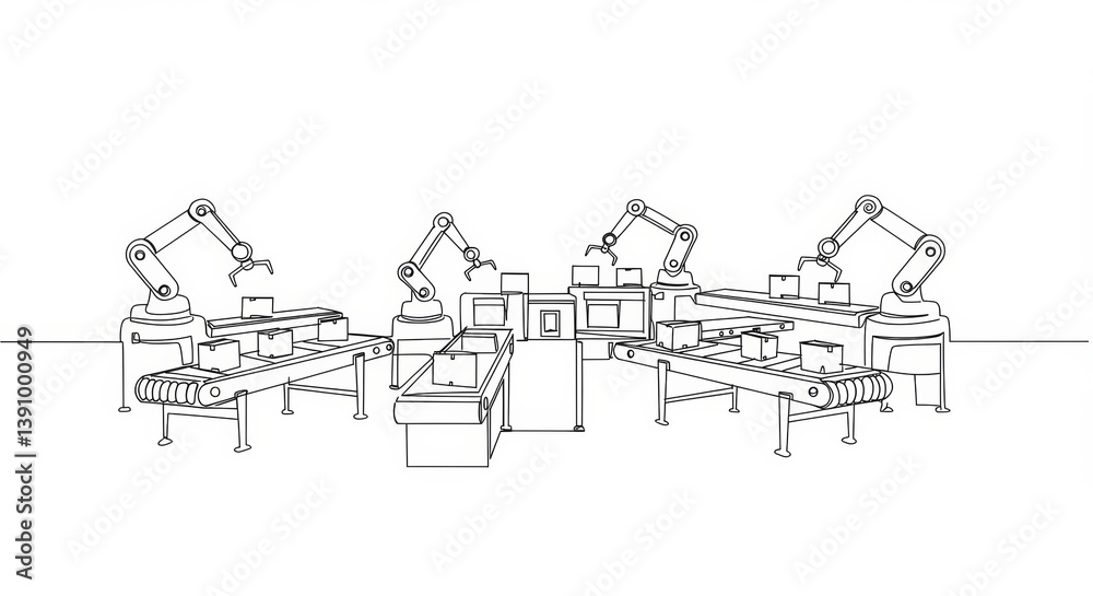 Fototapeta premium Minimalist Line Art: Robotic Sorting System for Packaging with Continuous Line