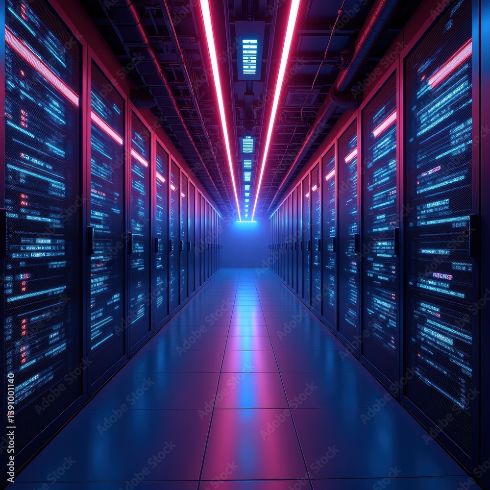 Fototapeta premium A futuristic data center corridor illuminated by neon lights, showcasing rows of servers and technology. Ideal for concepts around data management, IT infrastructure, and innovation.